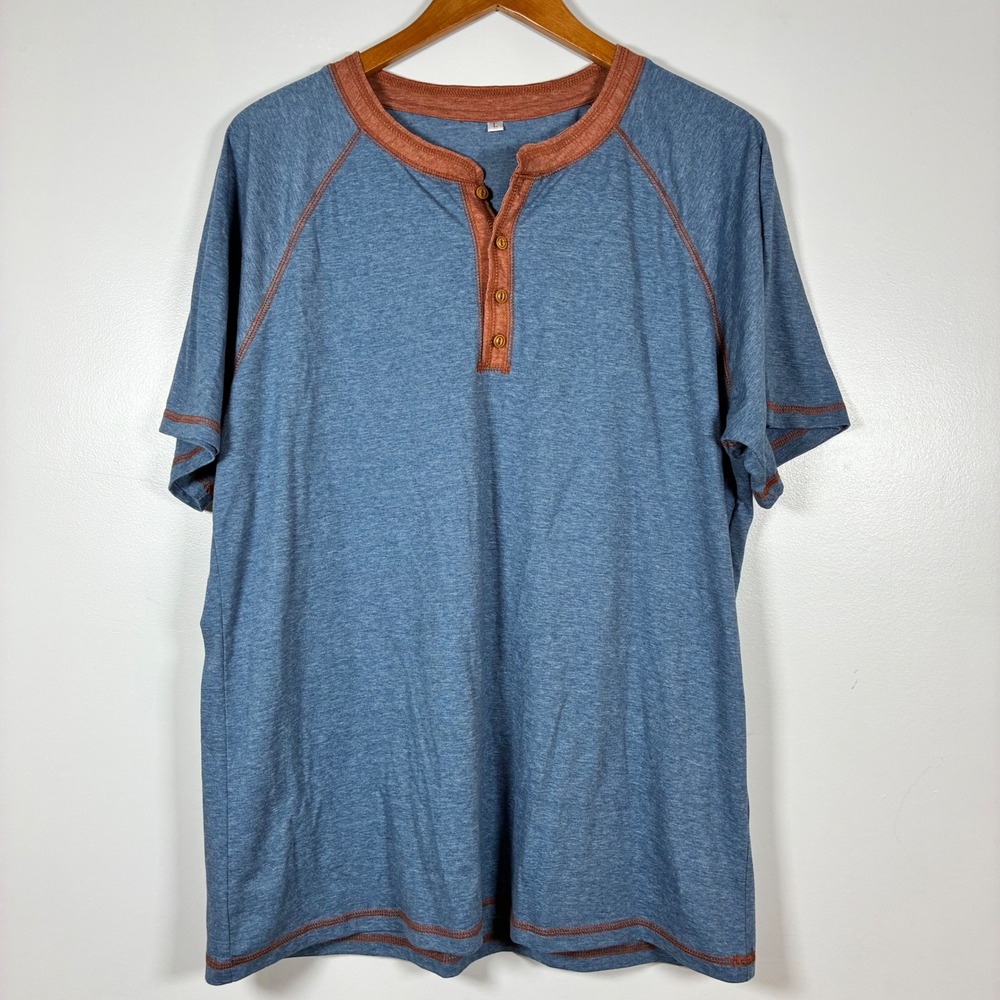 Henley Shirt L Blue Rust Raglan Contrast Trim Gorpcore Cabin Rustic Layer Casual